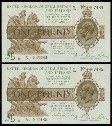 1922-23年英国一镑纸币连号二枚，编号G1 28 807485-5, 均AU品相，中摺