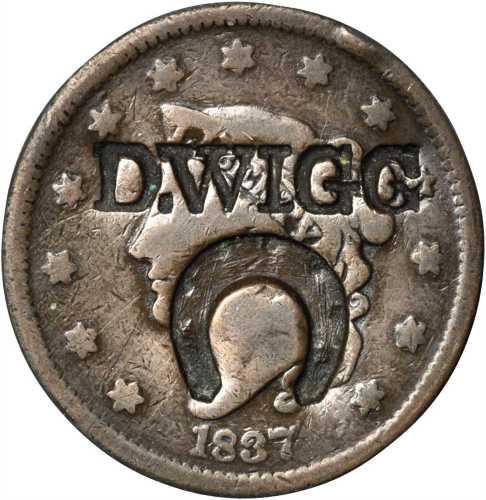 New York--Hyde Park. D. WIGG / (horseshoe) on an 1837 Modified Matron Head cent. Brunk W-571, Rulau-