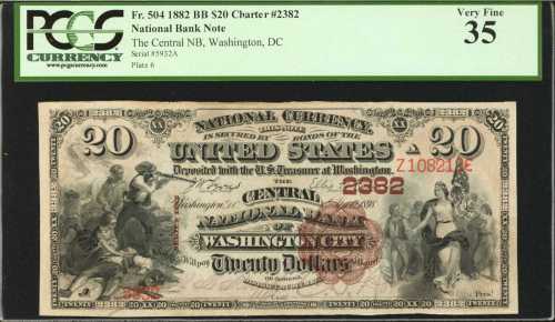 Washington, District of Columbia. $20 1882 Brown Back. Fr. 504. The Central NB. Charter #2382. PCGS 