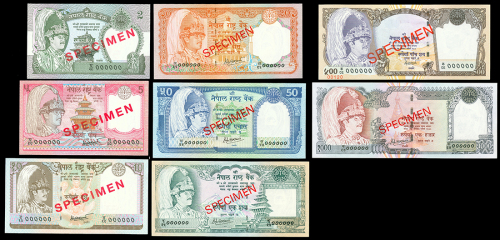 1981-87年尼泊尔贰至壹仟卢比样票一组八枚， Dipendra Purush Dhakai签，均AU-UNC，少见签名