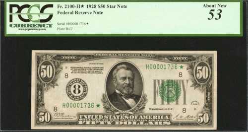 Fr. 2100-H*. 1928 $50 Federal Reserve Star Note. St. Louis. PCGS About New 53.