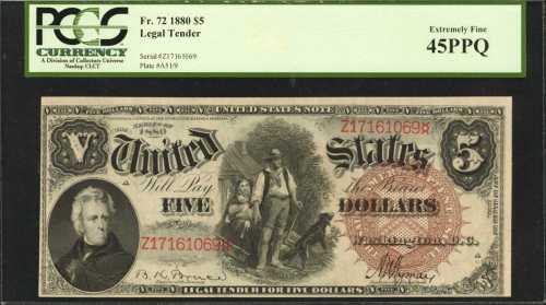 Fr. 72. 1880 $5 Legal Tender Note. PCGS Extremely Fine 45 PPQ.