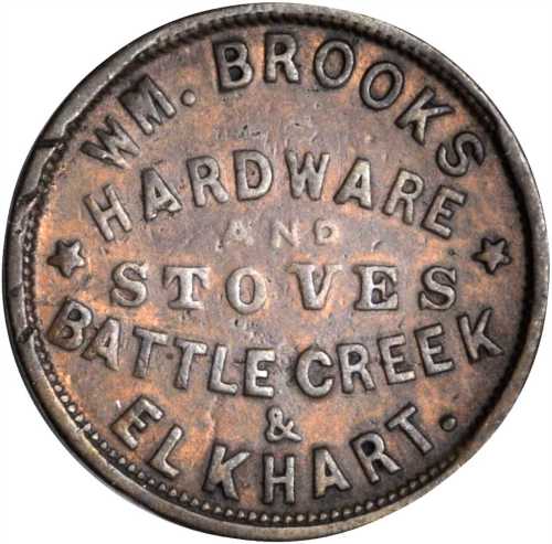 Michigan--Battle Creek. 1861 William Brooks. Fuld-060aA-3a. Rarity-5. Copper. 19 mm. VF-20 Cleaned.