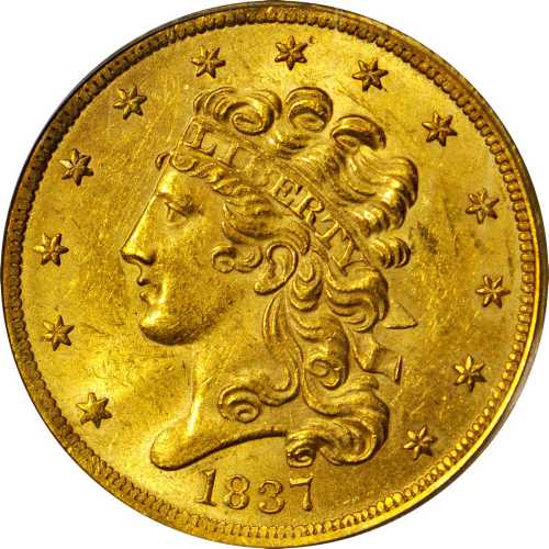 1837 Classic Head Half Eagle. McCloskey-2. Large Date, Large 5. MS-62 (PCGS). CAC.