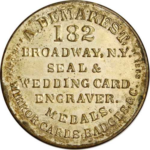 New York, New York. 1869 A. Demarest. Bowers NY-4560. Silvered brass. 38 mm. Mint State.