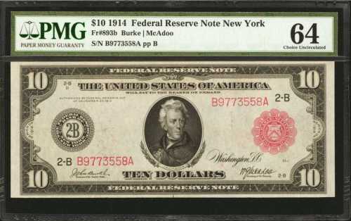 Fr. 893b. 1914 $10 Federal Reserve Note. New York. Red Seal. PMG Choice Uncirculated 64.