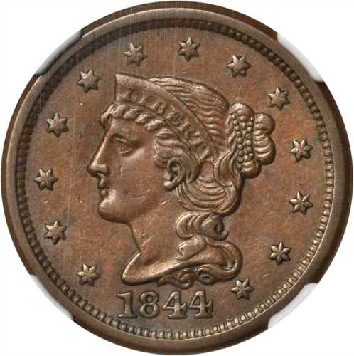 1844 Braided Hair Cent. N-4. Rarity-1. AU-58 BN (NGC).