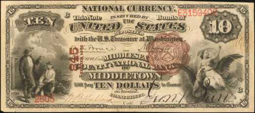 Middletown, Connecticut. $10 1882 Brown Back. Fr. 480. The Middlesex County NB. Charter #845. Choice