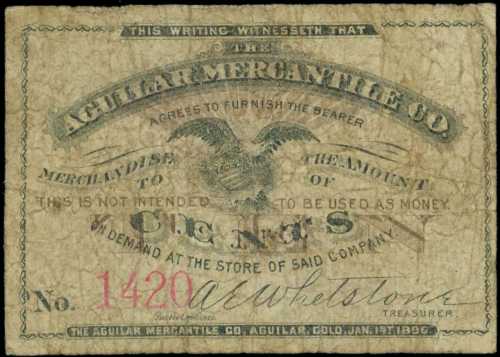 Aguilar, Colorado. Aguilar Mercantile Co. January. 1, 1896. 10 Cents. Very Good.