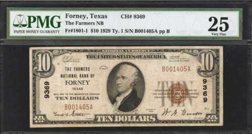 Forney, Texas. $10 1929 Ty. 1. Fr. 1801-1. The Farmers NB. Charter #9369. PMG Very Fine 25.