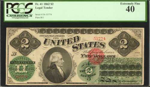 Fr. 41. 1862 $2 Legal Tender Note. PCGS Extremely Fine 40.
