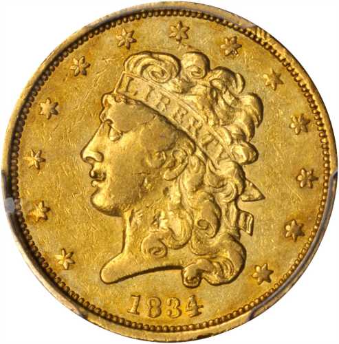 1834 Classic Head Half Eagle. McCloskey-2. Second Head, Small Plain 4. AU Details--Damage (PCGS).
