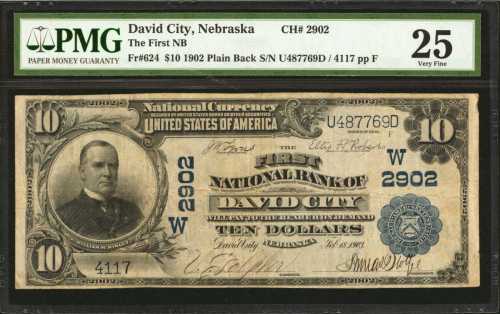 David City, Nebraska. $10 1902 Plain Back. Fr. 624. The First NB. Charter #2902. PMG Very Fine 25.