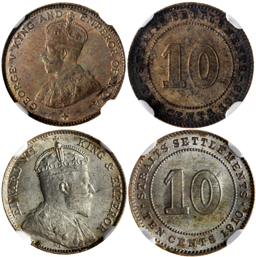 海峡殖民地10分银币2枚一组，包括1910-B及1918年，均评NGC MS64