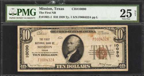 Mission, Texas. $10 1929 Ty. 1. Fr. 1801-1. The First NB. Charter #10090. PMG Very Fine 25 Net. Stai