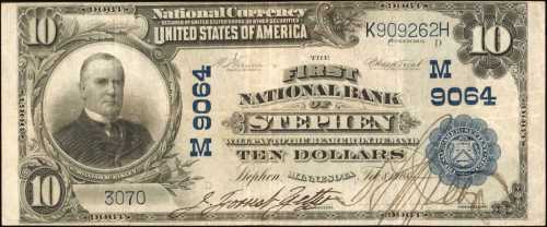 Stephen, Minnesota. $10 1902 Plain Back. Fr. 626. The First NB. Charter #9064. Very Fine.