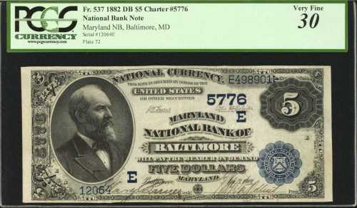 Baltimore, Maryland. $5 1882 Date Back. Fr. 537. Maryland NB. Charter #5776. PCGS Very Fine 30.