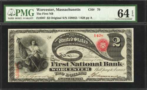 Fr. 387a. Worcester, Massachusetts. $2 Original Series. The First National Bank of Worcester. Charte