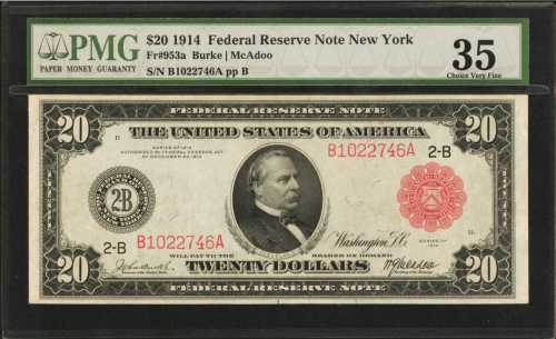 Fr. 953a. 1914 $20 Federal Reserve Note. New York. Red Seal. PMG Choice Very Fine 35.