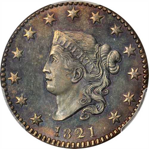 1821 Matron Head Cent. N-1. Rarity-1. MS-63 BN (PCGS).