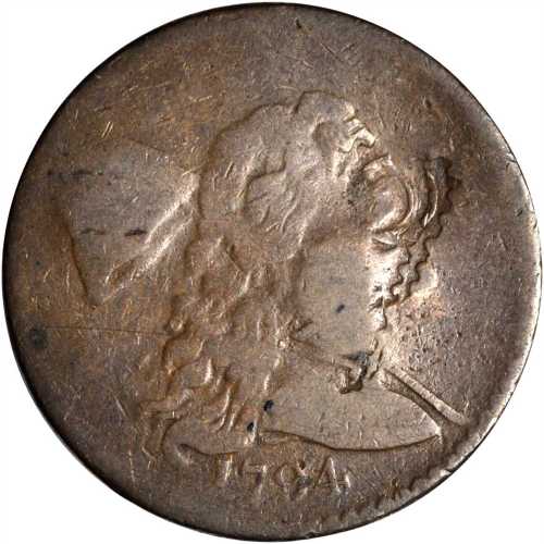 [multiple shapes] on the obverse and reverse of a 1794 S-57 Liberty Cap cent. Host coin Good.