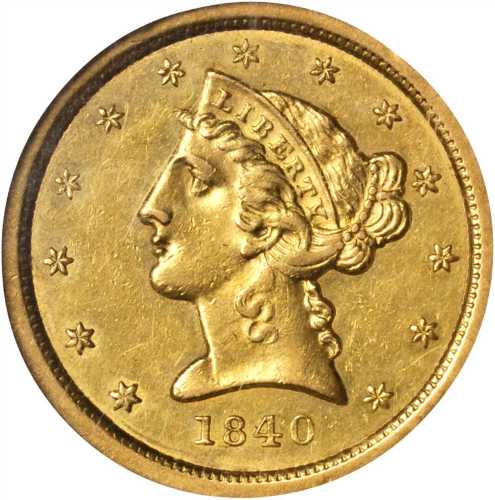 1840 Liberty Head Half Eagle. Broad Mill. AU-58 (NGC).
