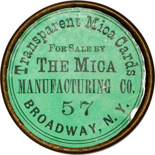 New York, New York. 1868 Mica Manufacturing Co. Bowers NY-6840. Brass frame, printed cards and mica 