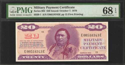 Military Payment Certificate. Series 692 $20. PMG Superb Gem Uncirculated 68 EPQ.