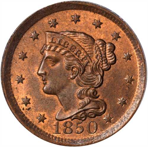 1850 Braided Hair Cent. N-7. Rarity-2. MS-64 RB (PCGS). CAC.