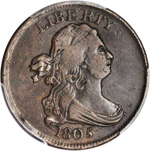 1805 Draped Bust Half Cent. C-1. Rarity-1. Medium 5, Stemless Wreath. VF-30 (PCGS).