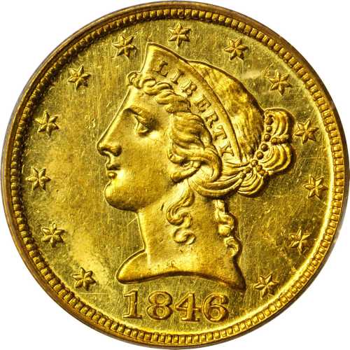 1846-D/D Liberty Head Half Eagle. Winter 15-L. MS-61 (PCGS).