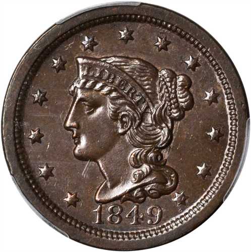 1849 Braided Hair Cent. N-22, 6. Rarity-1. MS-64 BN (PCGS).
