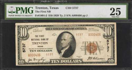 Trenton, Texas. $10 1929 Ty. 2. Fr. 1801-2. The First NB. Charter #5737. PMG Very Fine 25.