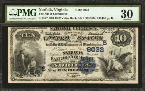 Norfolk, Virginia. $10 1882 Value Back. Fr. 577. The NB of Commerce. Charter #6032. PMG Very Fine 30