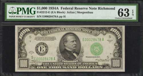 Fr. 2212-E. 1934A $1000 Federal Reserve Note. Richmond. PMG Choice Uncirculated 63 EPQ.