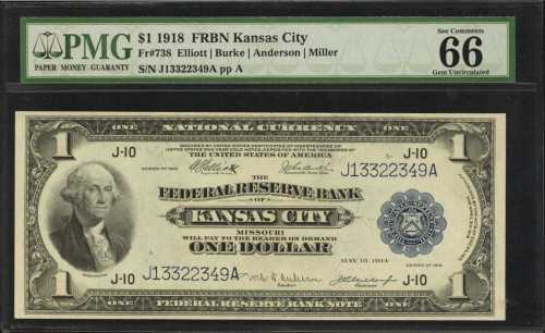 Lot of (4) Fr. 738. 1918 $1 Federal Reserve Bank Notes. Kansas City. PMG Gem Uncirculated 66 EPQ. Cu