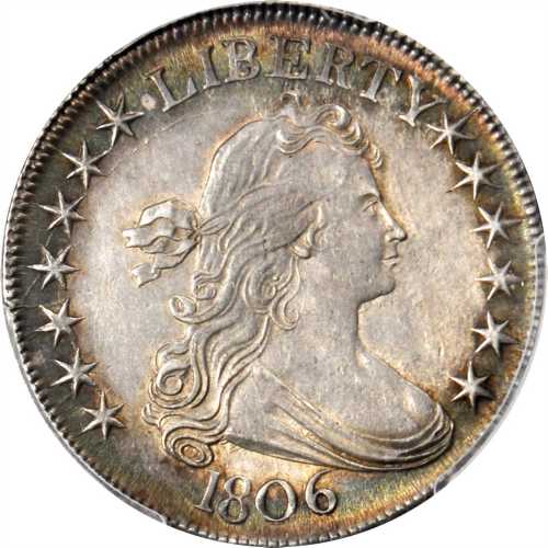 1806 Draped Bust Half Dollar. O-120, T-28. Rarity-3. Pointed 6, Stem Through Claw. AU-55 (PCGS). Gol