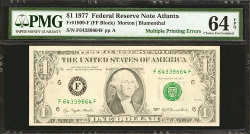 Fr. 1909-F. 1977 $1 Federal Reserve Note. Atlanta. PMG Choice Uncirculated 64 EPQ. Multiple Printing