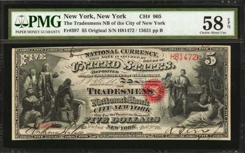 New York, New York. $5 Original. Fr. 397. The Tradesmens NB. Charter #905. PMG Choice About Uncircul