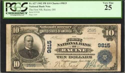 Racine, Ohio. $10 1902 Plain Back. Fr. 627. The First NB. Charter #9815. PCGS Very Fine 25.