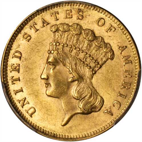 1861 Three-Dollar Gold Piece. MS-62+ (PCGS).