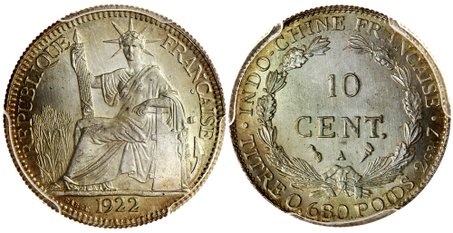 1922A法属安南10分银币，PCGS MS66, 高评级