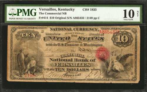 Versailles, Kentucky. $10 Original. Fr. 414. The Commercial NB. Charter #1835. PMG Very Good 10 Net.