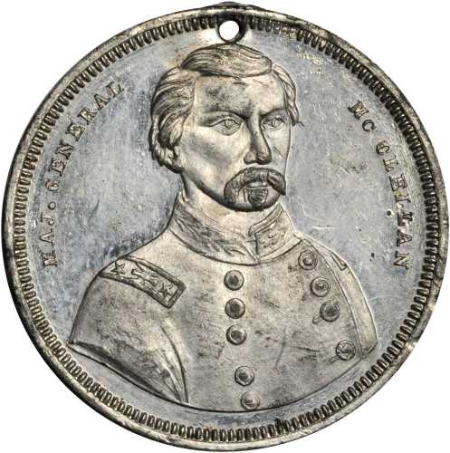 Group of six white metal 1864 George McClellan medalets, all pierced for suspension.