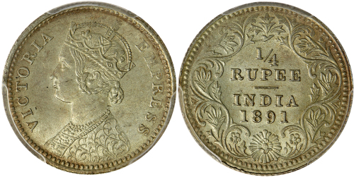 1891-C 印度1/4卢比银币，PCGS MS64