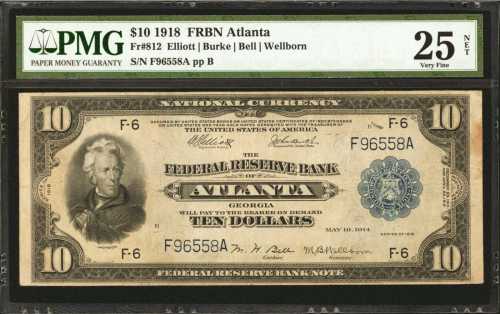 Fr. 812. 1918 $10 Federal Reserve Bank Note. Atlanta. PMG Very Fine 25 Net. Internal Damage.