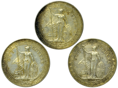 1900年和1902年英国贸易银元一圆银币3枚，KM# T5，极美品至未使用