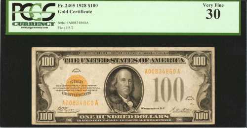 Fr. 2405. 1928 $100 Gold Certificate. PCGS Very Fine 30.