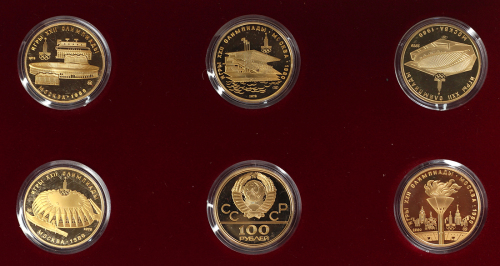 1977-80年苏联为纪念80年举办莫斯科奥运会而发行精铸金币6枚一套，毎枚面额50卢布，每枚重量0.500安士，附原盒（表面有损）及证书