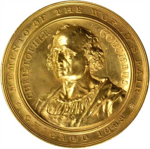 1893 Worlds Columbian Exposition Columbus Portrait Medal. Gilt Bronze. 59 mm. Eglit-105, var. Mint S